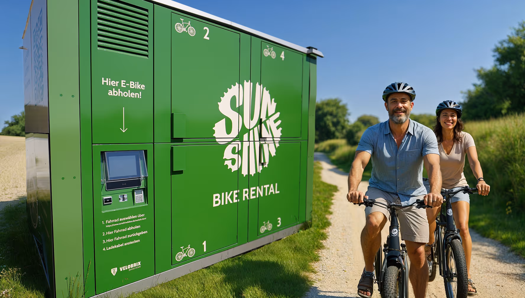 E-Bike-Verleihstation mit zwei Radfahrern auf einem Schotterweg