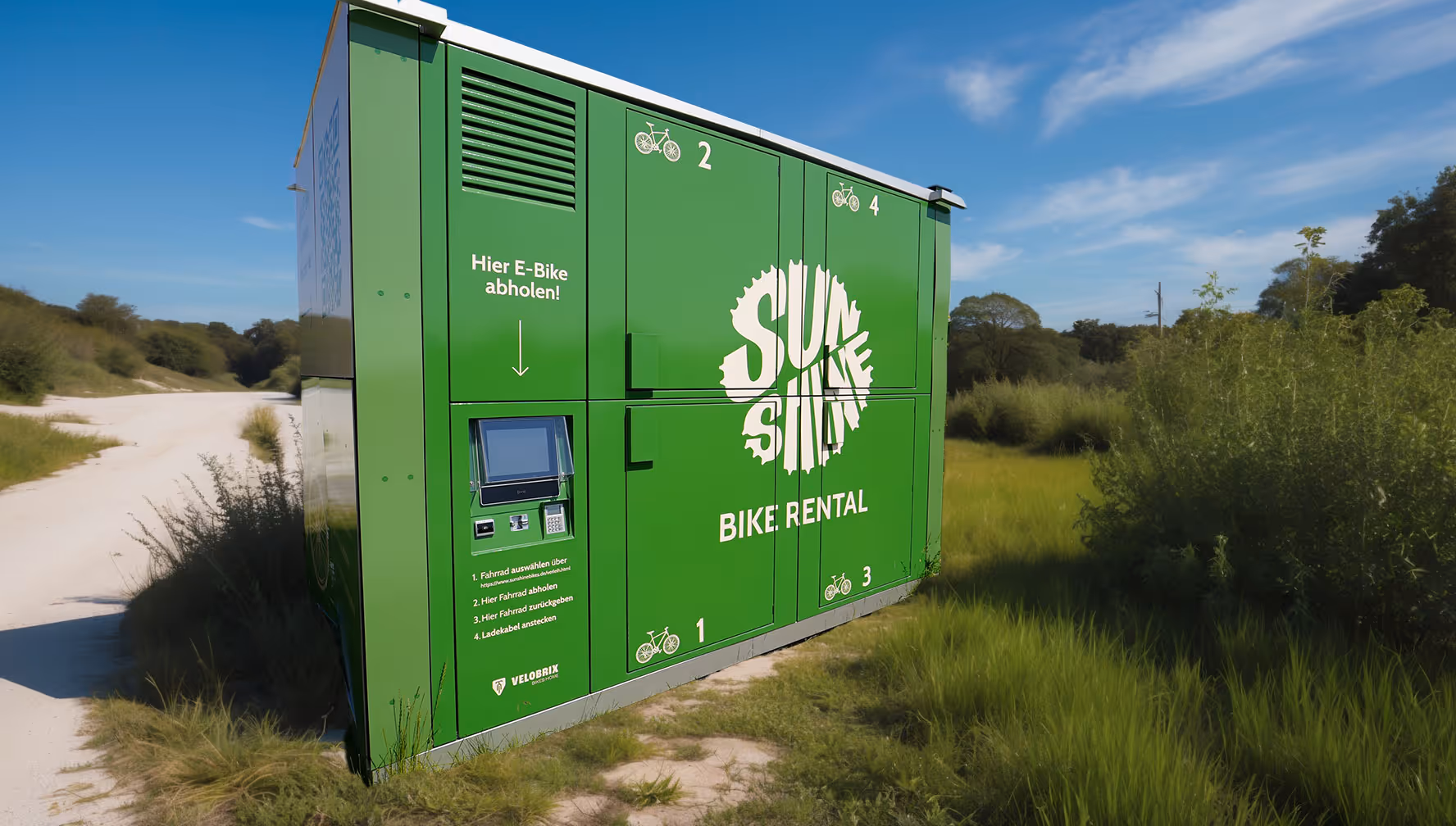 Grüne E-Bike-Verleihstation alleinstehend in ländlicher Umgebung
