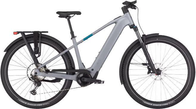 Silber-blaues Trekking-E-Bike mit Gepäckträger von SunshineBikes
